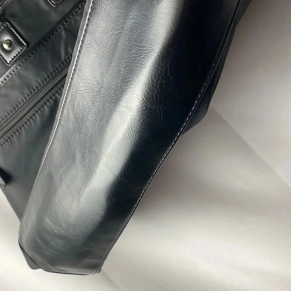 FRANKLIN COVEY VEGAN LEATHER BAG BLACK SILVER ACCENTS BLACK WHITE STRIPE LINING - Picture 7 of 12